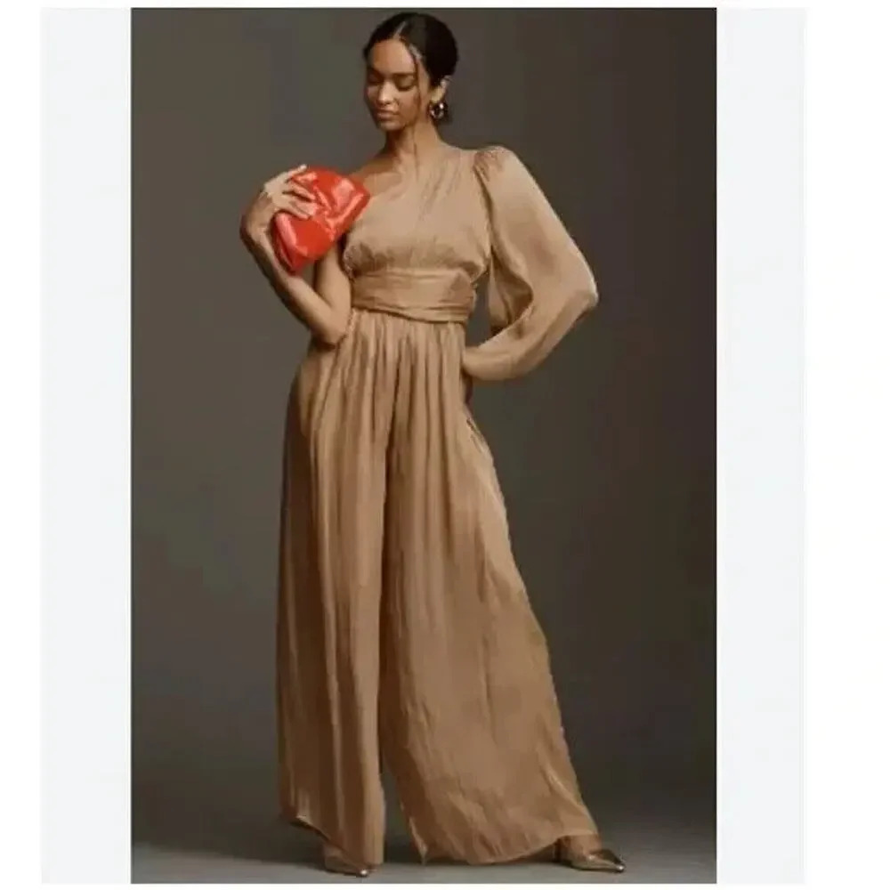 NWD Anthropologie One-Shoulder Metallic Jumpsuit Size 6 Gold 9C415 #2